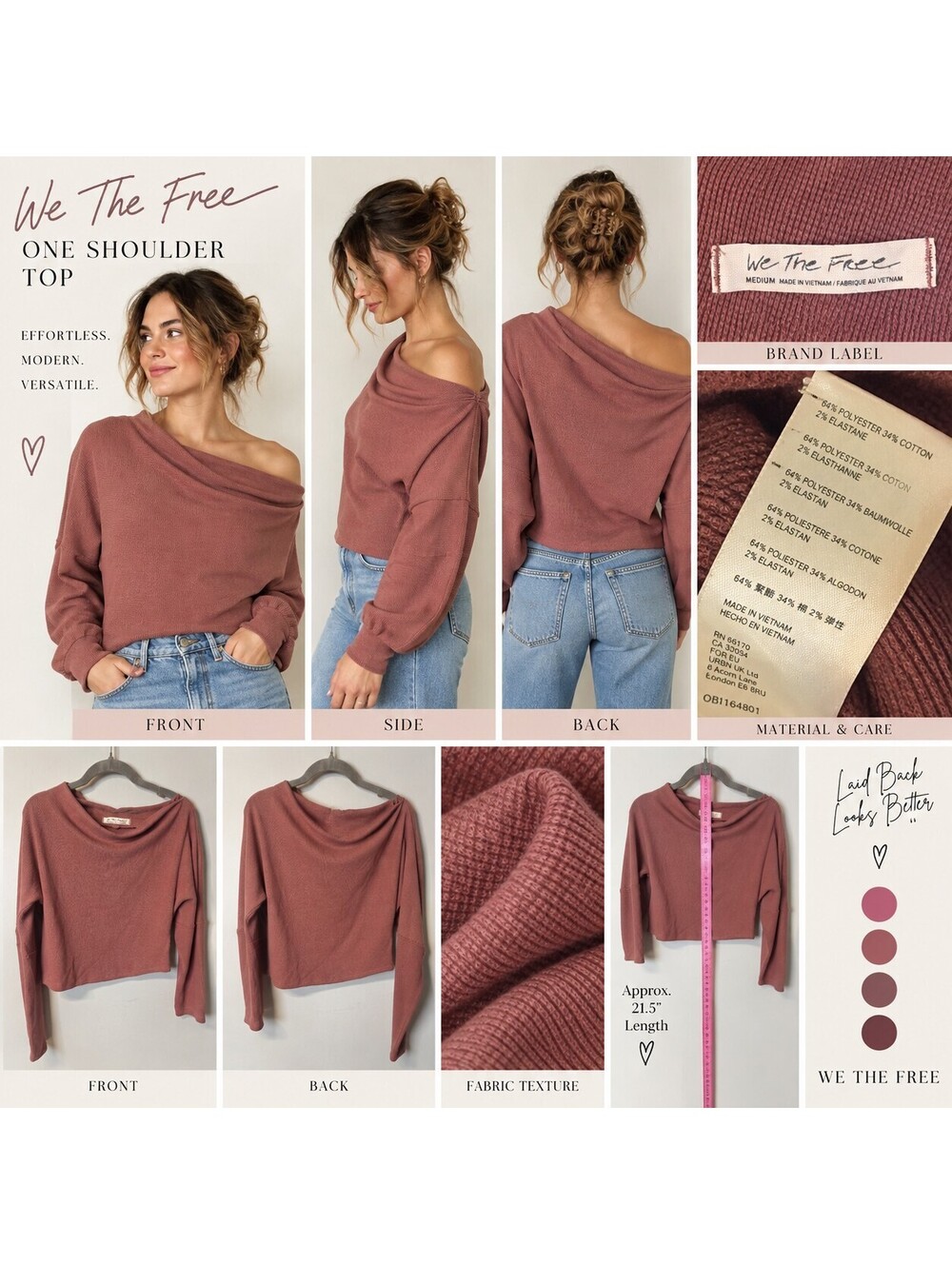 We The Free One Shoulder Mauve Long Sleeve Top size M